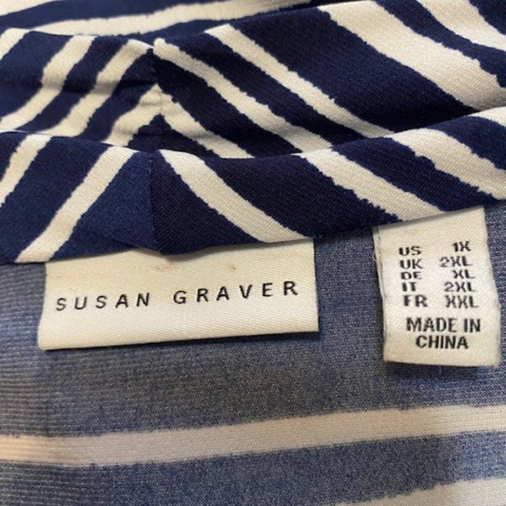 Susan Graver Blue/White stripe Liquid Knit 3/4 sleeves open cardigan, size 1X - Picture 3 of 3